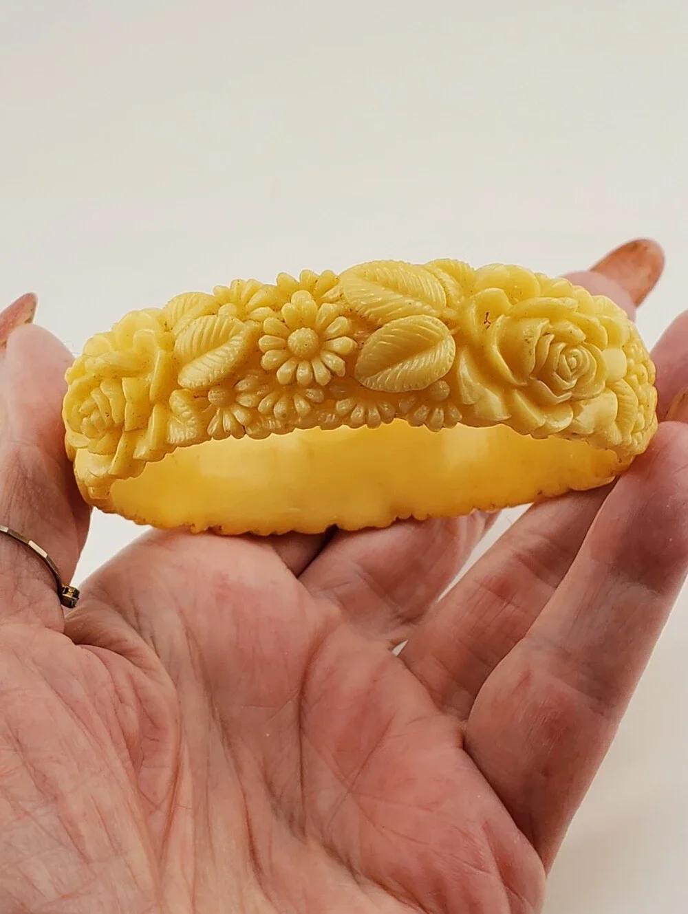 Celluloid Carved Floral Bangle Bracelet